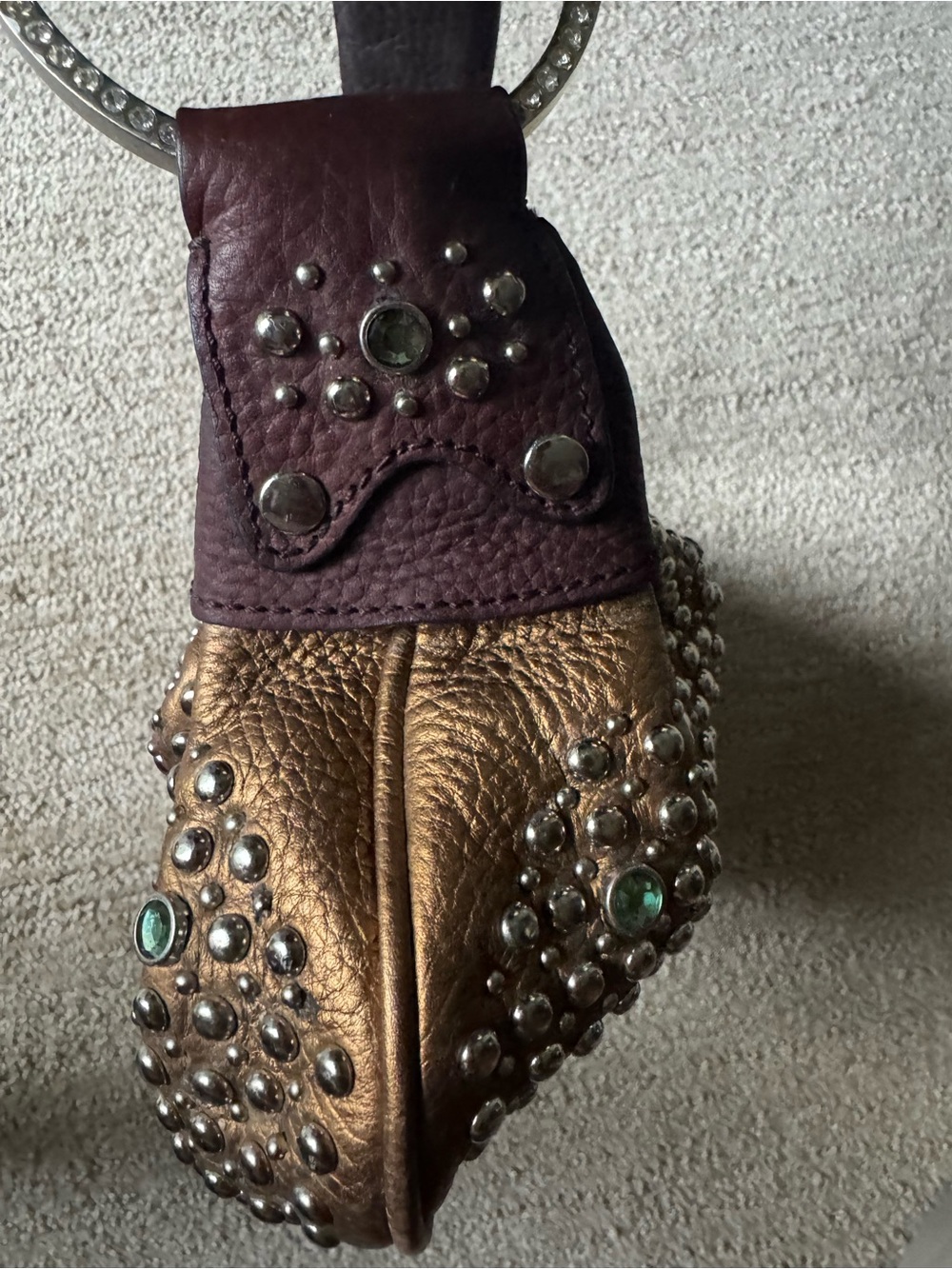 Y2K G Series Cole Haan Bronze Leather Studded Crystal Hobo Shoulder Bag - Picture 9 of 16